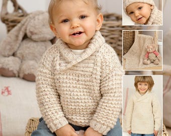 Vintage Knitting Pattern PDF  Baby Toddler Boys Shawl Collar Textured Sweater Hat and Blanket Newborn - 7yrs  16-26in Jumper DK Worsted 8ply