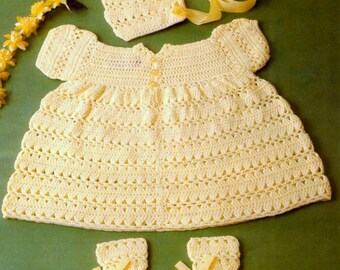 Vintage Crochet Pattern  Baby Layette Dress Bonnet Booties  Matinee Set  Pram Set  Bootes  3ply yarn 16 18 and 20 inch chest