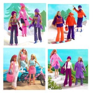 May include: A collection of Barbie dolls in different outfits. The dolls are wearing winter and summer clothes, such as ski suits, jumpers, and dresses. The colour scheme features pink, purple, orange, and blue.