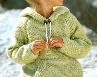 ENGLISH Vintage Knitting Pattern PDF Hoodie Front Pocket Super Chunky Girls Boys Baby Toddler 1-10y 22-30in Sweater Hooded Top Pullover