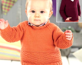 ENGLISH Baby Knitting Pattern PDF Textured Sweater Crew or V Neck 0-7y Toddler Child Boy Girl Jumper Pullover Vintage DK Worsted 16-26in