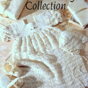 May include: A cream-colored christening collection featuring a crocheted dress, bonnet, and booties. The dress has a detailed lace pattern, and the set is displayed with gift boxes and accessories. The text "Christening Collection" is at the top.