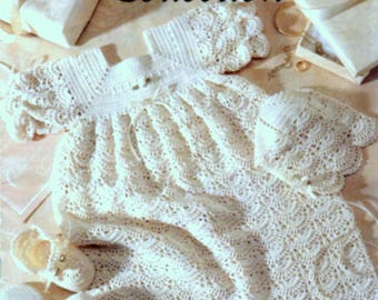 Vintage Crochet Pattern PDF Download Baby Christening Sets Dress Bonnet and Booties Pineapple Lace Baptism Gown Long or Short Summer Newborn