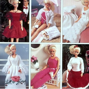 May include: A collection of six Barbie dolls in handmade knitted outfits. The outfits include a red dress, a white cardigan and swimsuit, a white gown, a white dress with floral accents, a pink jumpsuit, and a red skirt and white top.