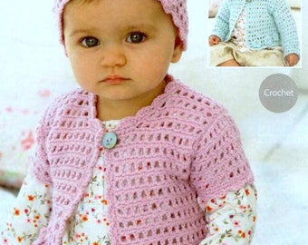 Vintage Crochet Pattern PDF Baby and Childrens Matinee Jacket Cardigan Short or Long Sleeved and Beanie Hat Flower Newborn to Seven Years