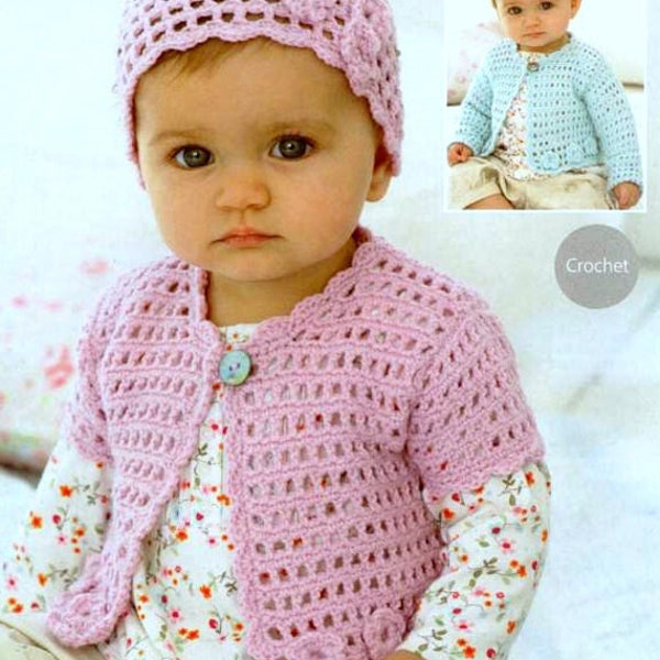 Vintage Crochet Pattern PDF Baby and Childrens Matinee Jacket Cardigan Short or Long Sleeved and Beanie Hat Flower Newborn to Seven Years