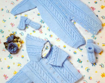 ENGLISH Vintage Knitting Pattern PDF Baby Hooded Jacket Romper Onesie Sleepsuit All in One DK Cable Premature - 2yrs Hood Hoodie Booties