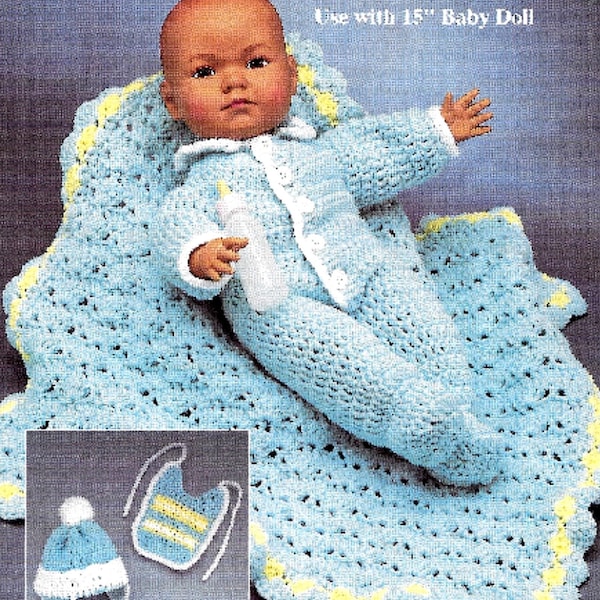 Vintage Crochet Pattern PDF  Baby Doll Layette  Sleepsuit Blanket Bonnet Bib Dolls Clothes 15ins