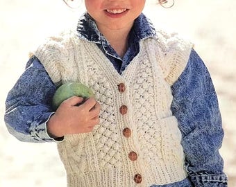 ENGLISH Vintage Knitting Pattern PDF Toddler Childs Aran Waistcoat V Neck Pockets Cable Blackberry Stitch Vest Gilet Top  Boy Girl 18-14ins