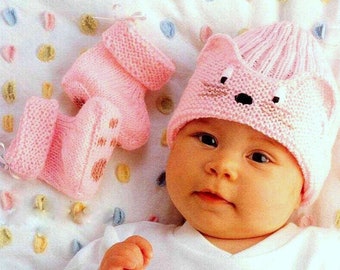 Vintage Knitting PDF Baby Animal Hat and Paws Bootees Cat Kitten Beanie Boots Booties