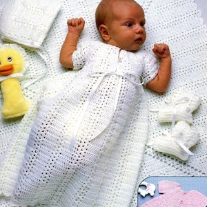 RESTBESTELL-VERKAUF ** Vintage Strick-Häkel-Anleitung Baby Layettes Taufkleid Kleid Engel Top Mütze Booties Schal Afghane.**