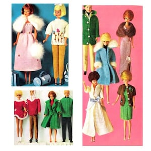 May include: A selection of vintage Barbie dolls in knitted and crocheted outfits. The dolls are wearing dresses, coats, and sweaters in various colours, including pink, green, and blue. Some dolls have fur stoles and accessories.