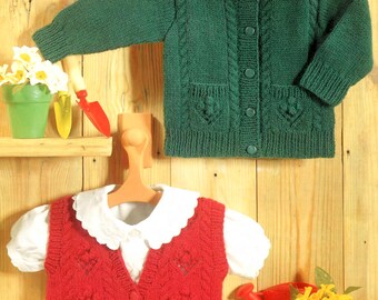 Vintage Knitting Pattern PDF Baby Toddler Girls Boys Cardigan and Waistcoat Gilet Vest Jacket Cable Bobble Round or V Neck 3m-8yr DK Worsted