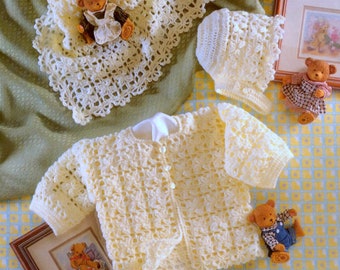 ENGLISH Vintage Crochet Pattern Matinee Set Baby Jacket Shawl Bonnet  Hat Blanket Cardigan Coat