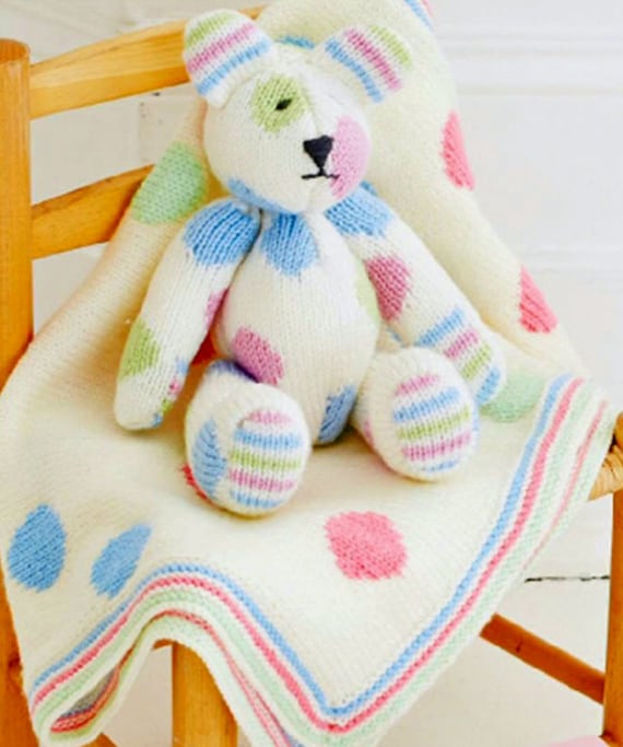 Vintage Knitting Pattern PDF Spotty Dot Teddy Bear and Baby