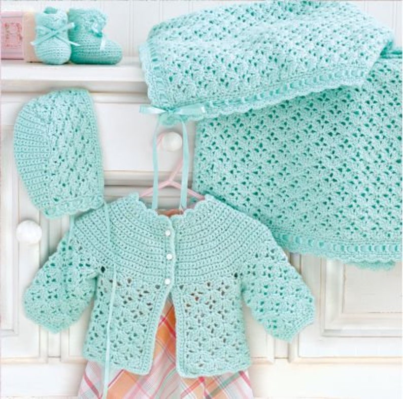 Vintage Crochet Pattern Baby Layette 4 Designs Jacket Bonnet Booties Afghan Pram Cot Blanket Cardigan Coat Matinee Set Newborn Layettes image 2