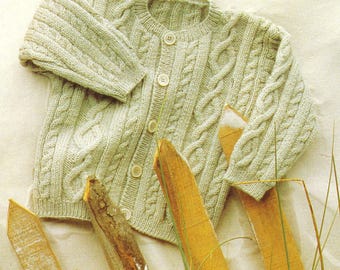 Vintage Knitting Pattern PDF  Baby Toddler Cable Cardigan Boys Girls 4ply Fingering 3 months - 2yrs 21-25ins Crew Neck Traditional Classic