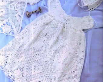 Vintage Crochet and Knitting Pattern PDF Baby Christening Set Dress Bonnet and Heirloom Shawl Filet Lace