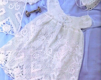ENGLISH Vintage Crochet and Knitting Pattern PDF Baby Christening Set Dress Bonnet and Heirloom Shawl Filet Lace