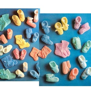 May include: A collection of colorful knitted baby booties in various patterns and colors, including pink, blue, yellow, and green.