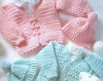 Vintage Crochet Pattern PDF  Baby Jacket Cardigan and Pompom Beanie Hat  Baby Girl or Boy  Pram Set  Coat