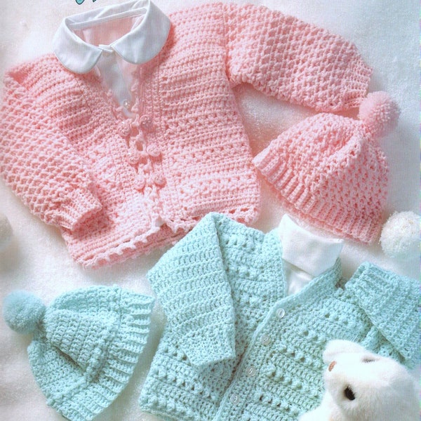 Vintage Crochet Pattern  Baby Jacket Cardigan and Pompom Beanie Hat  Baby Girl or Boy  Pram Set  Coat