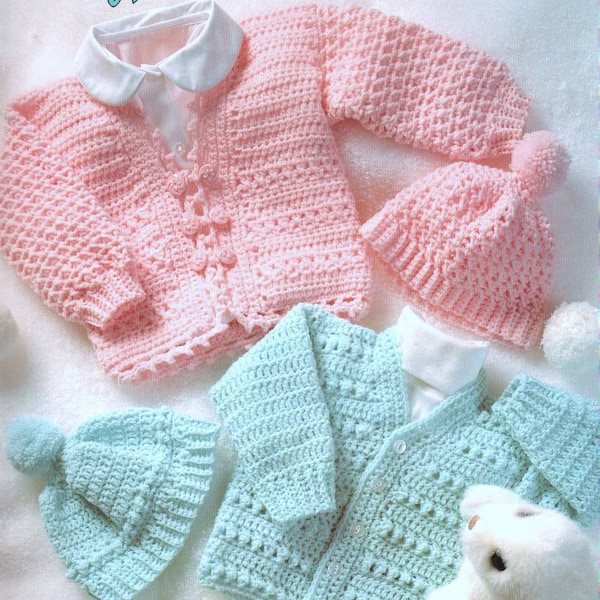 ENGLISH Vintage Crochet Pattern PDF  Baby Jacket Cardigan and Pompom Beanie Hat  Baby Girl or Boy  Pram Set  Coat