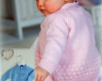 ENGLISH Vintage Knitting Pattern PDF  Baby Toddler Girls Cardigan Bubble Stitch DK Worsted 8ply  Round or V Neck Raglan Sleeve  16-24ins