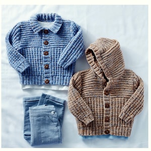 May include: Two knitted baby sweaters, one blue with a collar and buttons, the other brown with a hood and buttons.