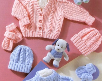 ENGLISH Vintage Knitting Pattern PDF Baby Cable Pram Sets Cardigan Jacket Beanie Hat and Mitts Includes Premature Sizes