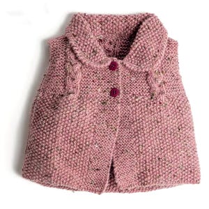 May include: A pink knitted vest with a cable knit design and a button closure. The vest has a collar and is sleeveless.