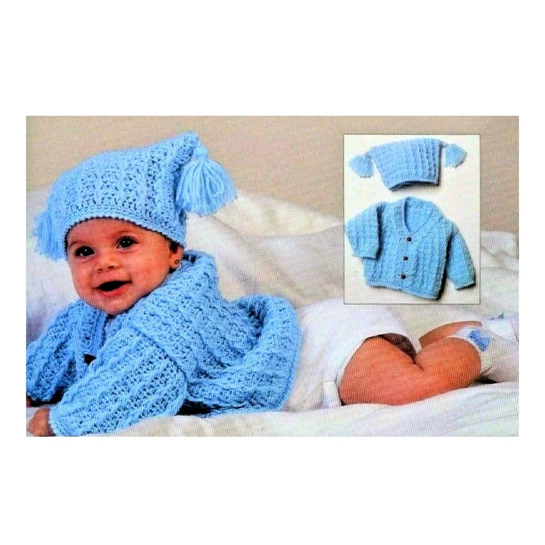 Vintage Crochet Pattern Baby Cable Jacket Cardigan and Tasseled Hat