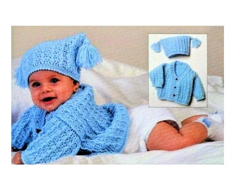 Vintage Crochet Pattern  Baby Cable Jacket Cardigan and Tasseled Hat  Baby Girl or Boy  Pram Matinee Set  Coat Sweater Tassel