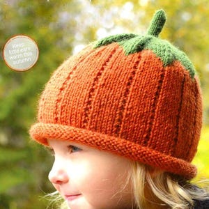 Può includere: Un cappello a forma di zucca di lana arancione con un gambo e foglie verdi. Il cappello è indossato da un bambino con i capelli biondi. Il testo "Keep little ears warm this autumn" è visibile nell'immagine.