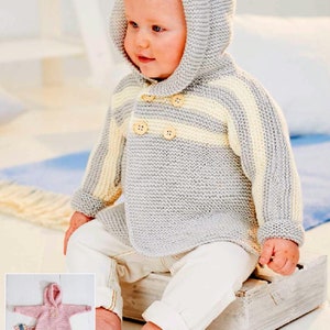 Vintage Knitting Pattern Baby and Toddler Hooded Jacket Simple Garter Stitch Hoodies Boy Girl Pram Coat Matinee Cardigan DK Newborn 5yrs image 3