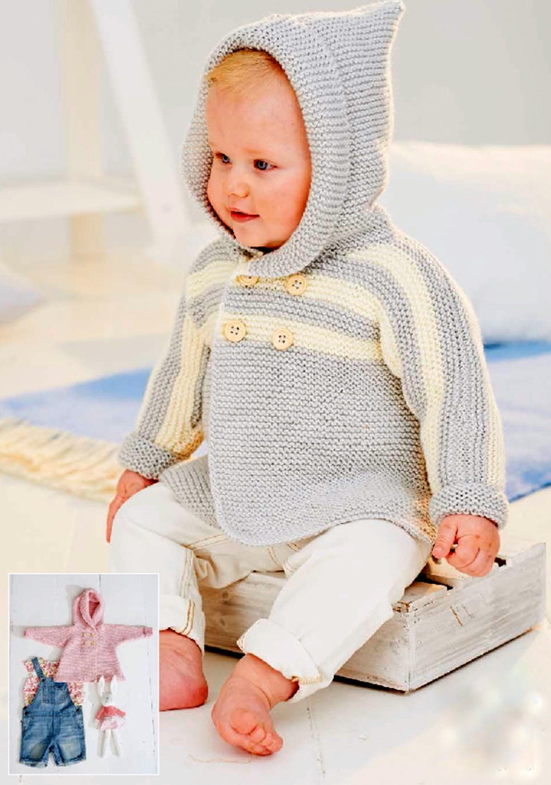 Vintage Knitting Pattern Baby and Toddler Hooded Jacket Simple Garter Stitch Hoodies Boy Girl Pram Coat Matinee Cardigan DK Newborn 5yrs image 3