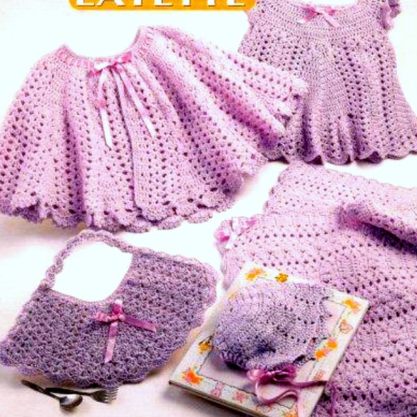 Vintage Crochet Pattern  Baby Lace Layette  Cape Dress Bonnet Bib Afghan  Pram Cot Blanket  Lacy Matinee Set Poncho Hat Baby Shower Gift