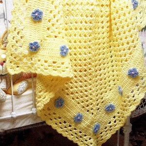 Vintage Crochet Pattern  Baby Granny Square Afghan Pram or Cot Blanket  Christening Shawl Crochet Flowers