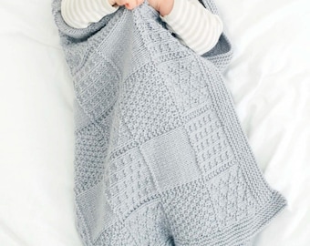 ENGLISH Vintage Knitting Pattern PDF Textured Patchwork Effect Baby Blanket Cot Pram DK Worsted Easy Simple Garter Stitch Border One Piece