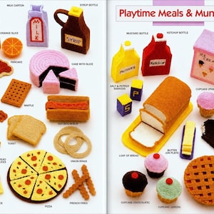 May include: A collection of felt food items labeled Playtime Meals & Munchies, including an orange juice carton, milk carton, syrup bottle, pancake, cake, waffle, bacon, hot dog, toast, onion rings, pizza, cheese, mustard, ketchup, ice cream, bread, butter, brownies, cupcakes, and a lattice pie.