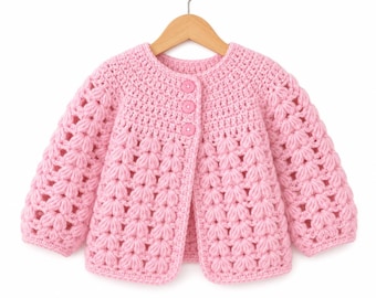 Vintage Crochet Pattern PDF Baby and Childrens Matinee Jacket Cardigan and Beanie Hat Flower DK Worsted 8ply Newborn to Seven Years 16-26ins