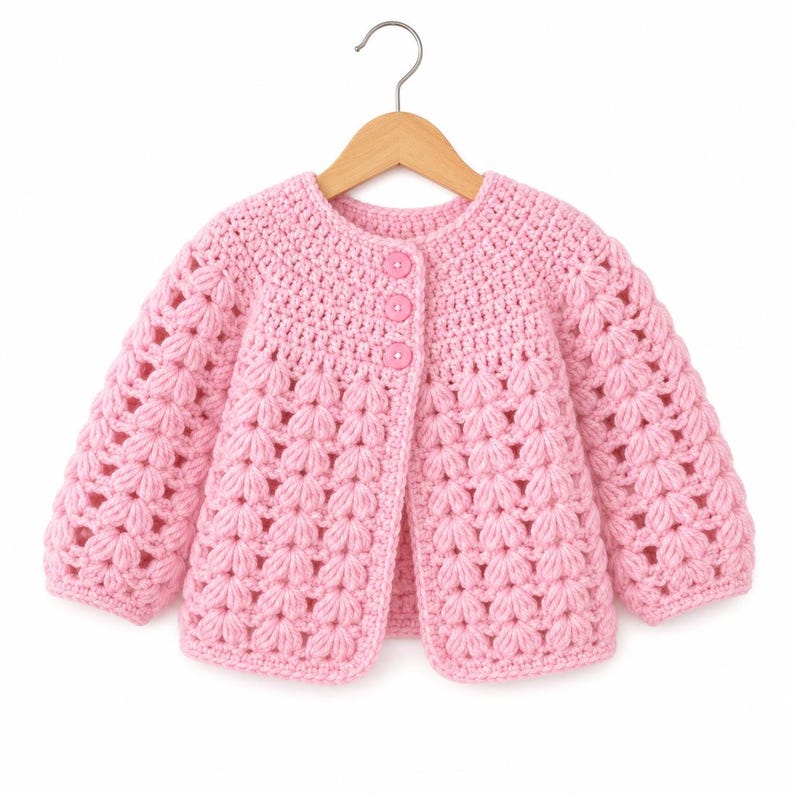 Puede incluir: Una chaqueta de punto de manga larga en color rosa claro con un patr&oacute;n de ganchillo de punto puff texturizado en todo el cuerpo y las mangas. La prenda tiene cuello redondo, dobladillo recto y se abrocha al frente con tres botones circulares rosas.