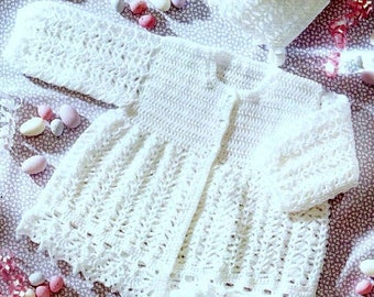 ENGLISH Vintage Crochet Pattern PDF  Baby Matinee Set 4ply  Jacket Bonnet and Booties  Cardigan Coat Hat Bootees Boots Pram Set