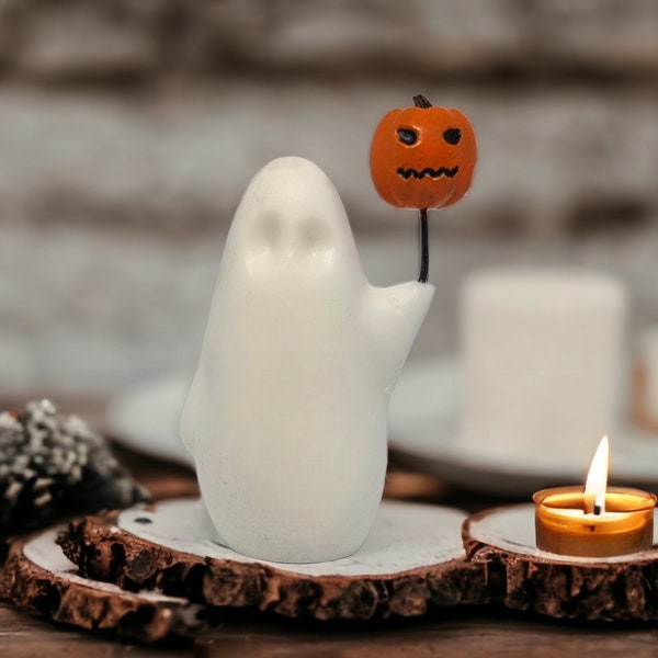 Halloween Decoration, Ghost Holding Pumpkin Balloon Figurine  Ornament. Glow in the dark.