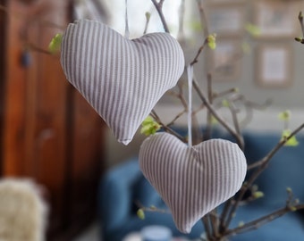 2 hearts made of fabric / each approx. 14 x 13 cm / decoration for hanging