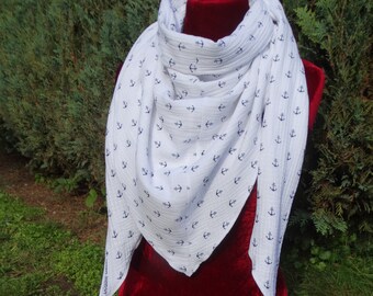 XL Triangular cloth "anchor", cloth, muslin, cotton, maritim, white, cuddly, trendy, approx. 200 cm x 66 cm