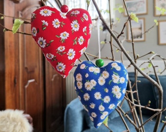 2 hearts made of fabric / each approx. 12 x 10 cm / decoration for hanging