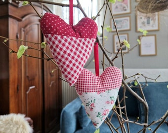 2 hearts made of fabric / each approx. 12 x 10 cm / decoration for hanging