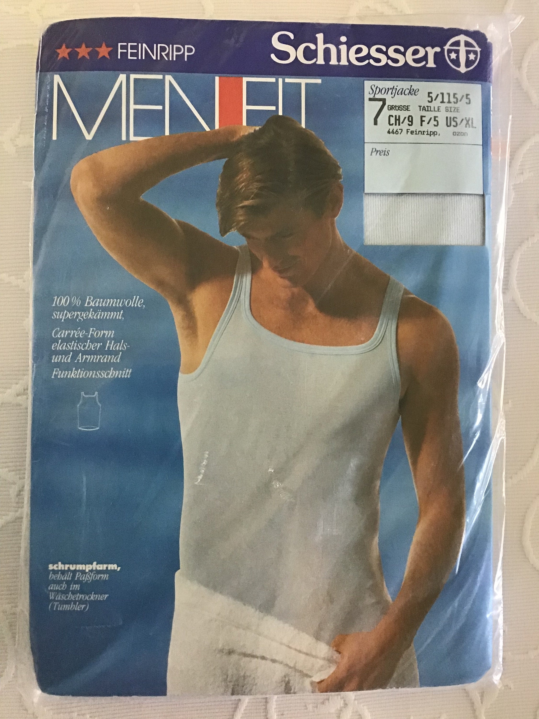 NEW/OVP Schiesser Menfit Fine Rib Undershirt Light Blue Size 7 Original  Vintage 