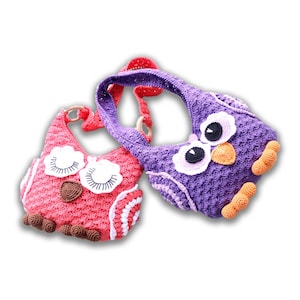 May include: Two crocheted owl-shaped bags with a shoulder strap. One bag is pink with white accents and the other is purple with pink accents.